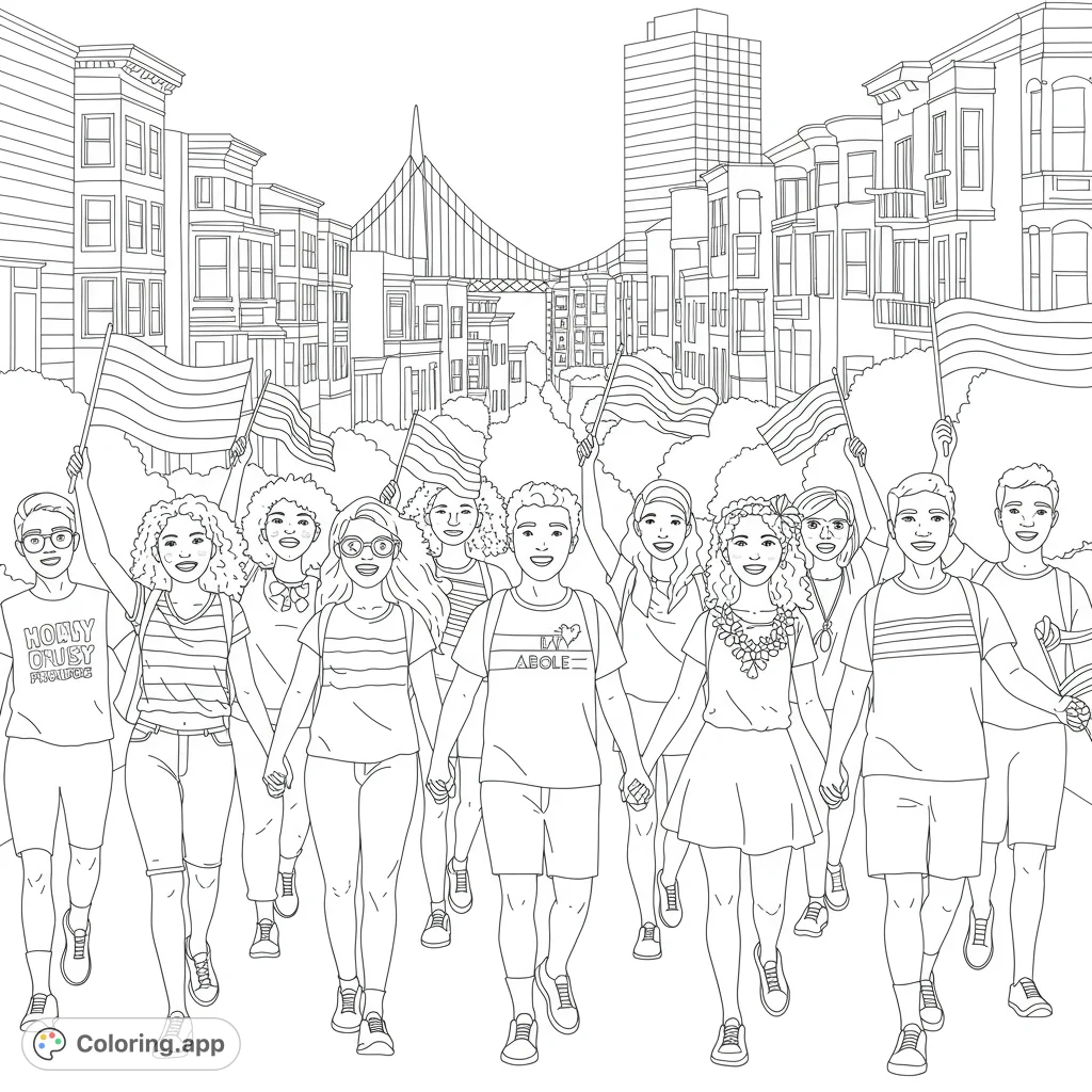 Celebrate Pride! A joyful coloring page featuring a diverse group at the San Francisco Pride parade, holding hands and waving rainbow flags.