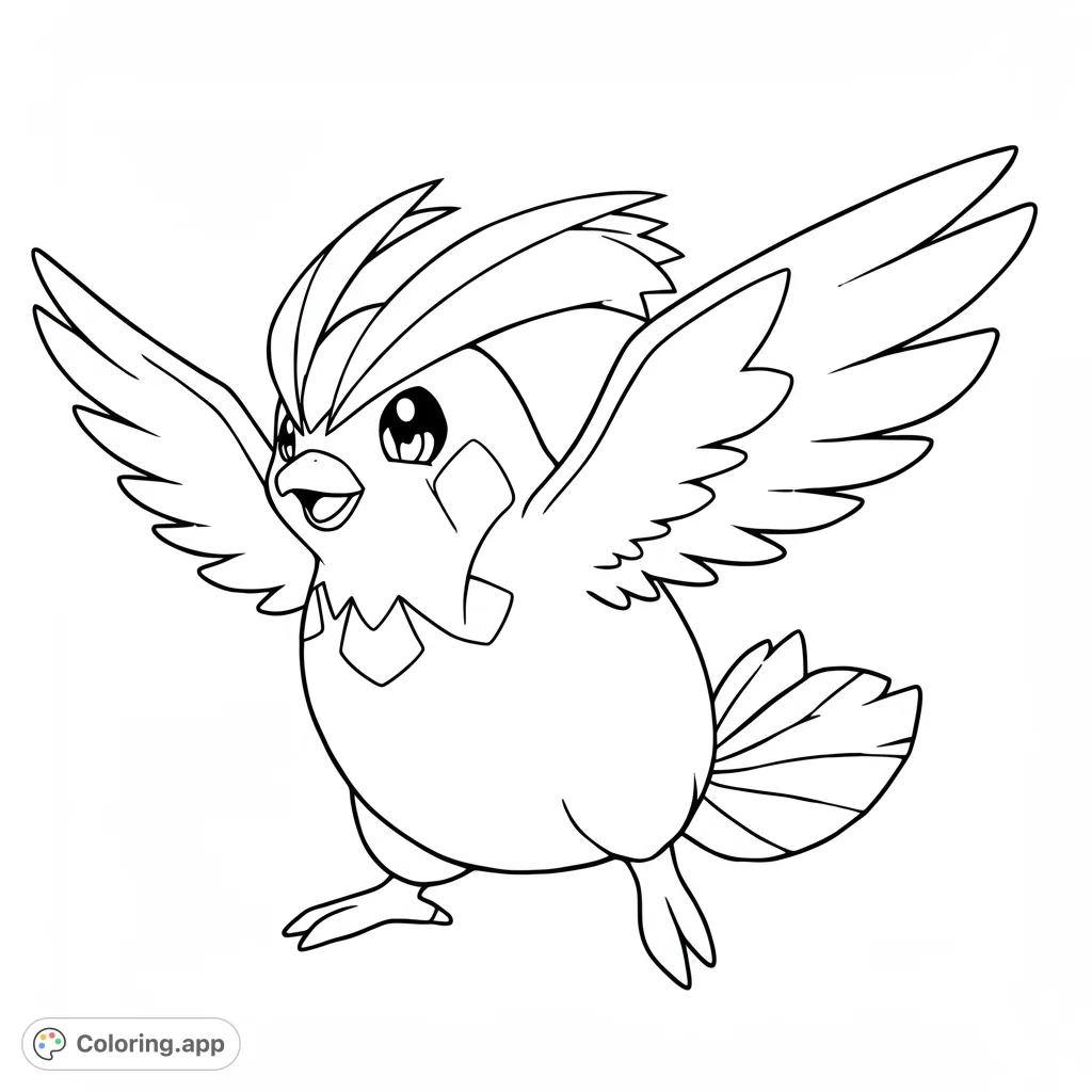 A detailed black and white line art coloring page of Pidgey, featuring clean lines and open spaces for easy coloring. Perfect for Pokemon fans!