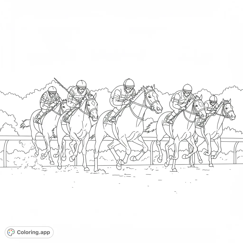 Horse race finish line coloring page. Features detailed horses, jockeys, and a dynamic finish line scene.