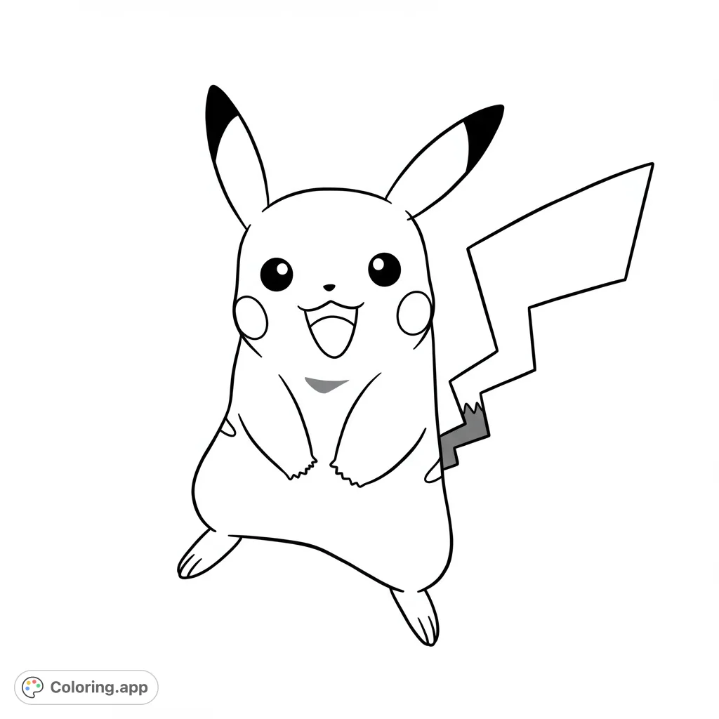 Adorable Pikachu ready for coloring! This black and white line drawing features bold outlines and open spaces, perfect for kids and Pokemon fans.