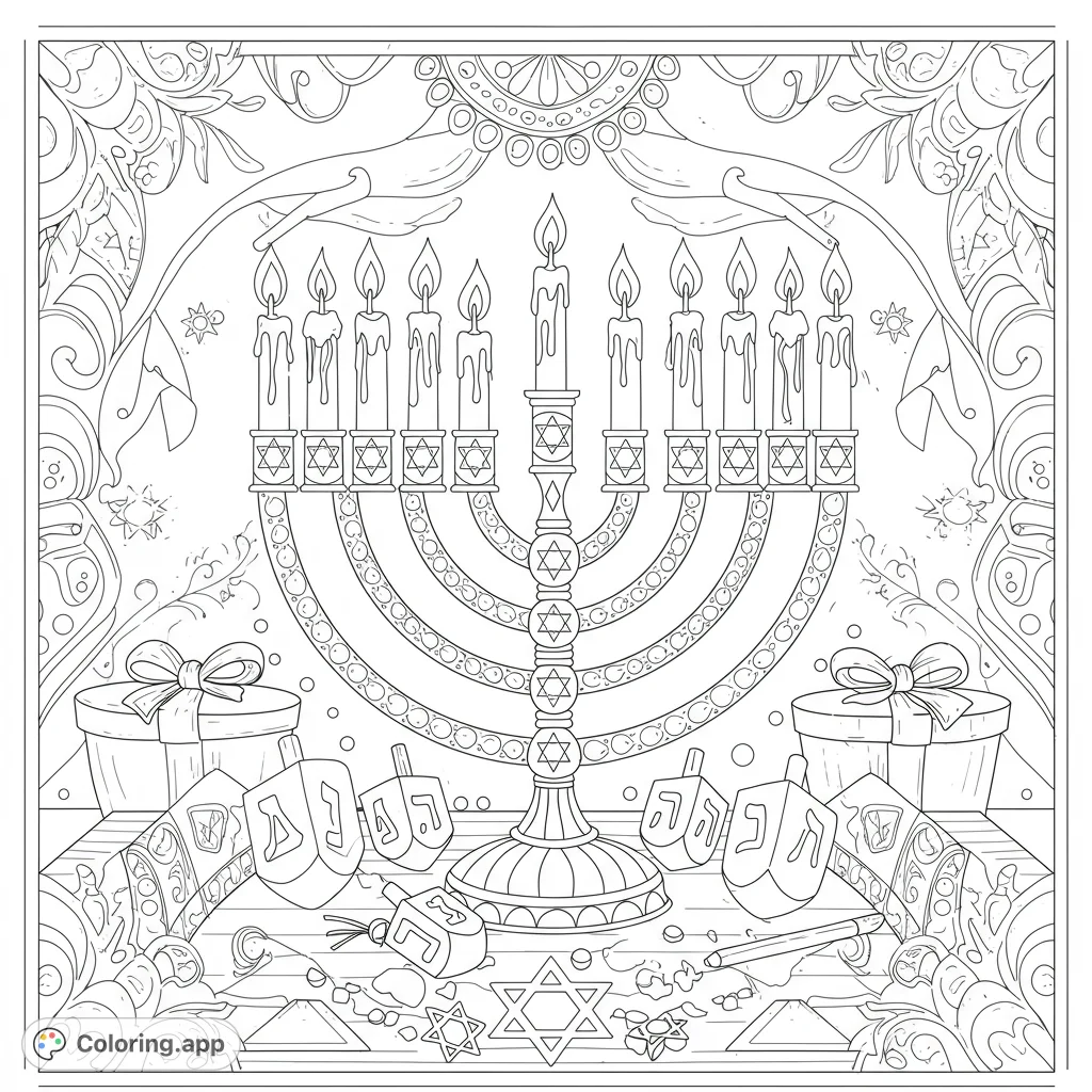 Celebrate Hanukkah with this detailed coloring page! Features a menorah, dreidels, and Stars of David.