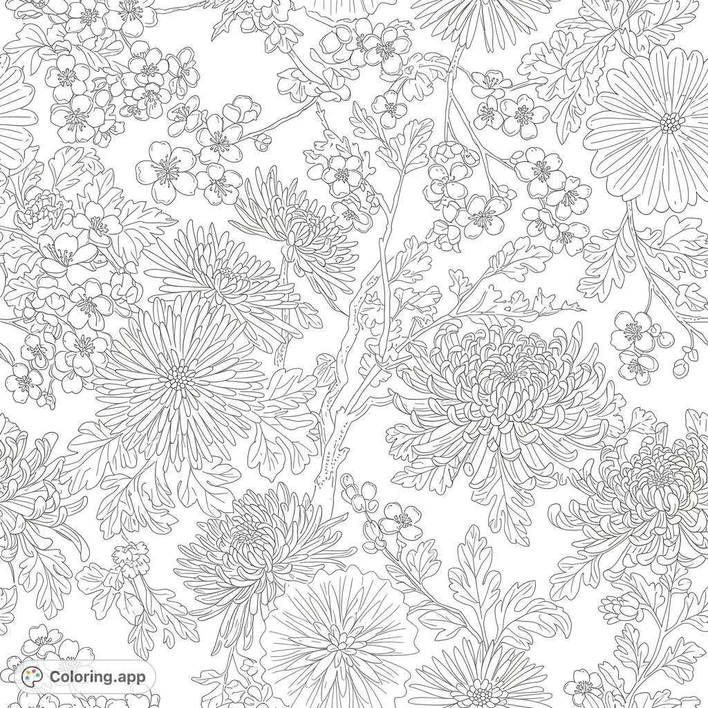 Japanese floral coloring page featuring cherry blossoms and chrysanthemums in ukiyo-e style. Bold outlines and detailed patterns for creative coloring fun.