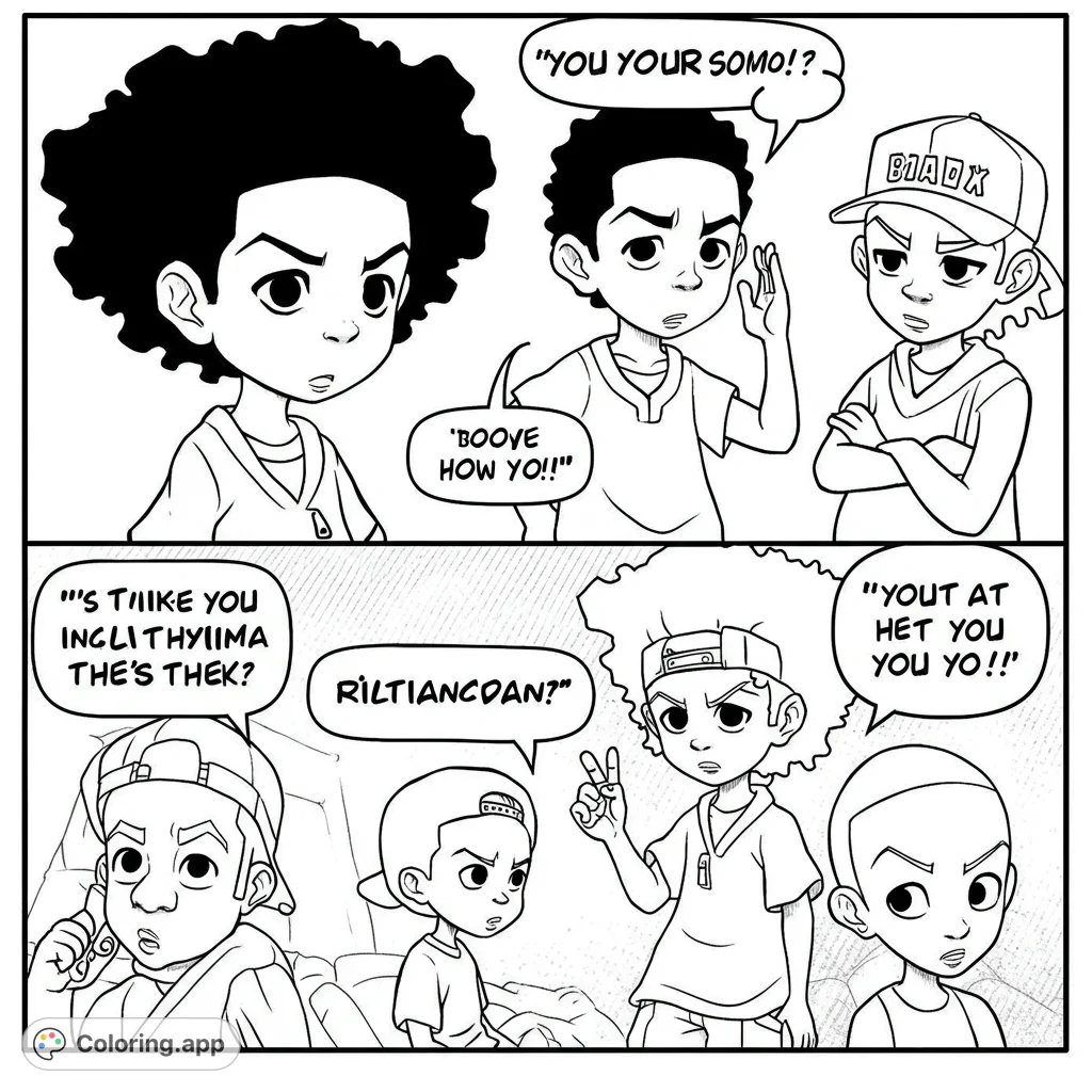 Boondocks coloring page featuring Huey, Riley, and Grandad with iconic quotes in comic panel style. Bold lines and open spaces for easy coloring.