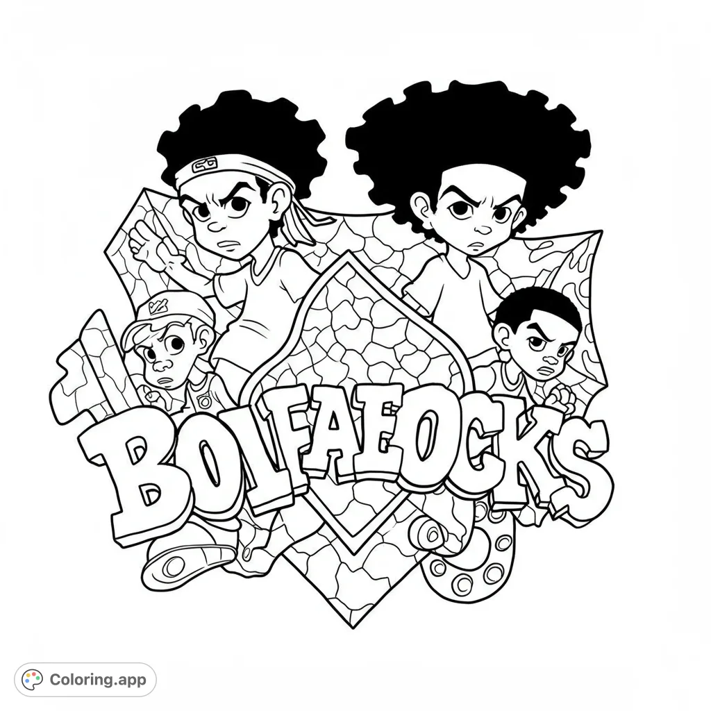 Stylized Boondocks logo coloring page featuring character silhouettes in an abstract design. Bold lines and open spaces for easy coloring.