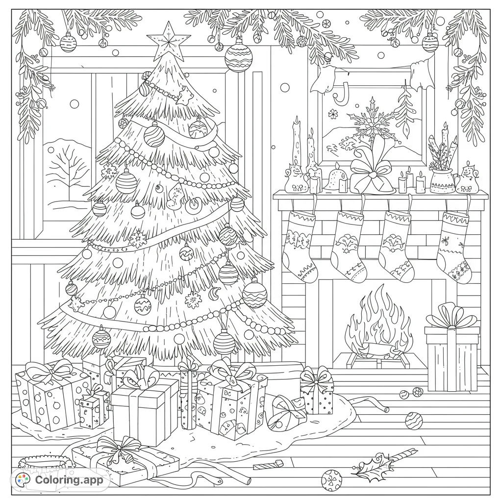 Festive Christmas coloring page! Features a detailed illustration of holiday elements with clean lines and open spaces for easy coloring.