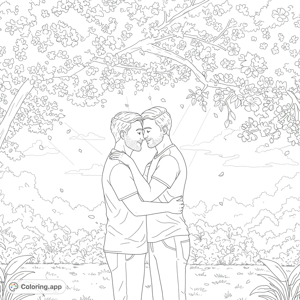 Embrace under cherry blossoms! A heartwarming coloring page of a loving gay couple sharing a tender moment under a blooming tree.