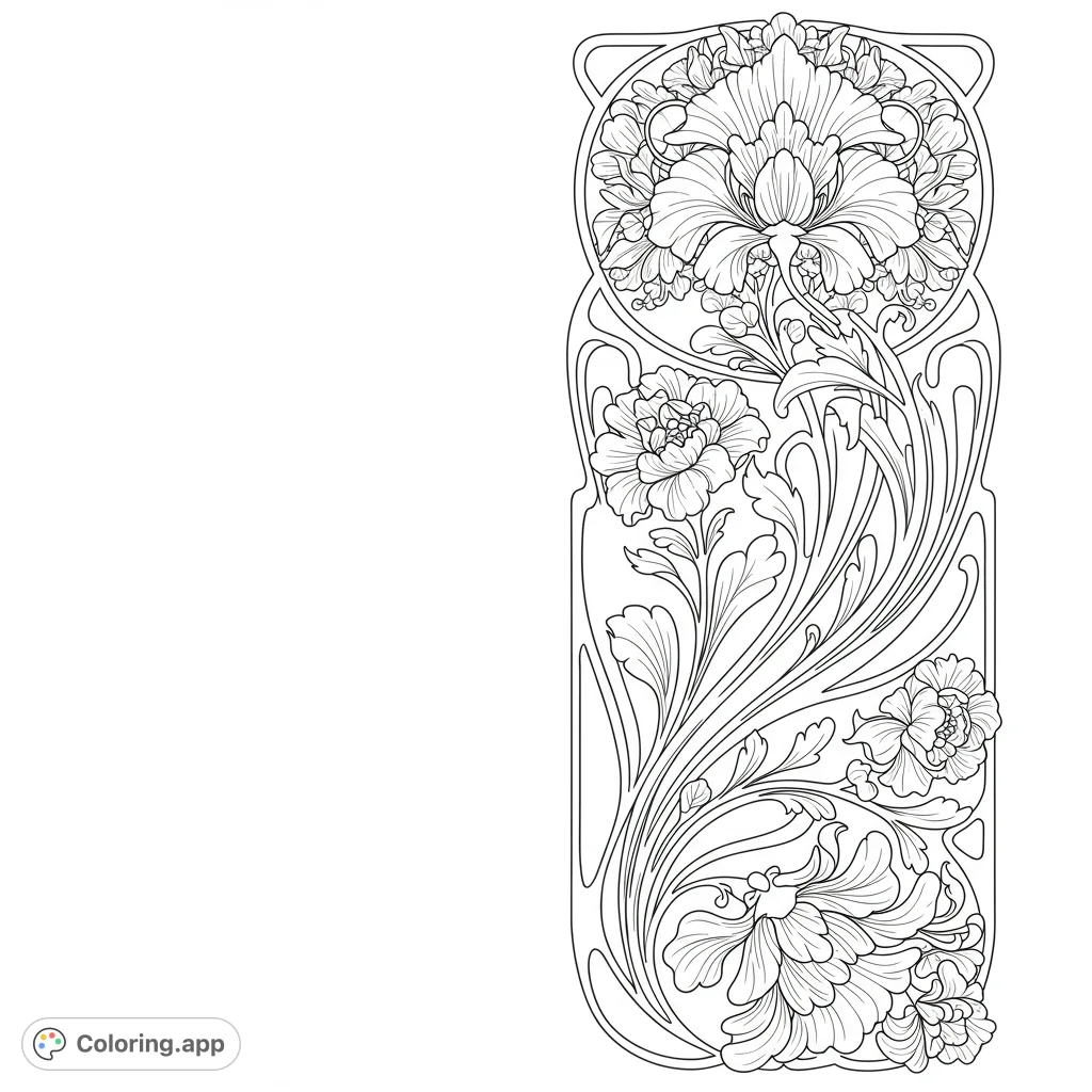 Art Nouveau floral coloring page. Elegant flowing lines and stylized blossoms create a beautiful design.