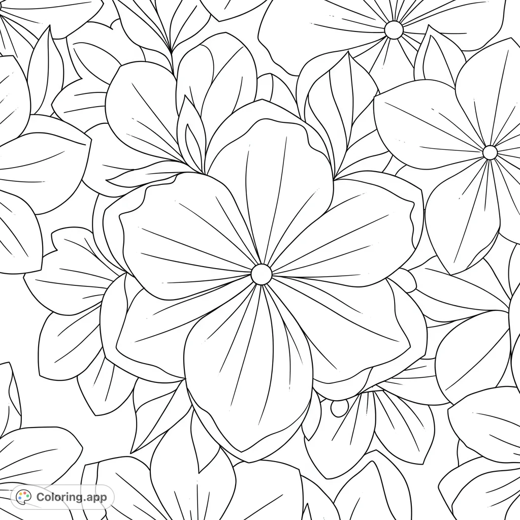 Intricate floral coloring page featuring overlapping petals and leaves in an abstract pattern. Detailed line art with open spaces for creative coloring.