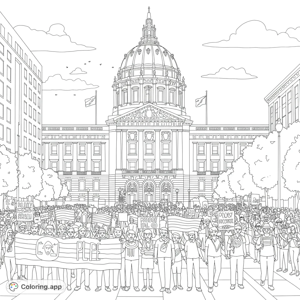 Celebrate Pride! A detailed black and white line drawing of the LGBTQ+ Pride parade at San Francisco City Hall.