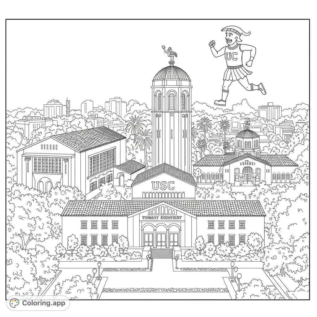 USC Campus coloring page. Features iconic buildings and landmarks with clean lines and open spaces for easy coloring.