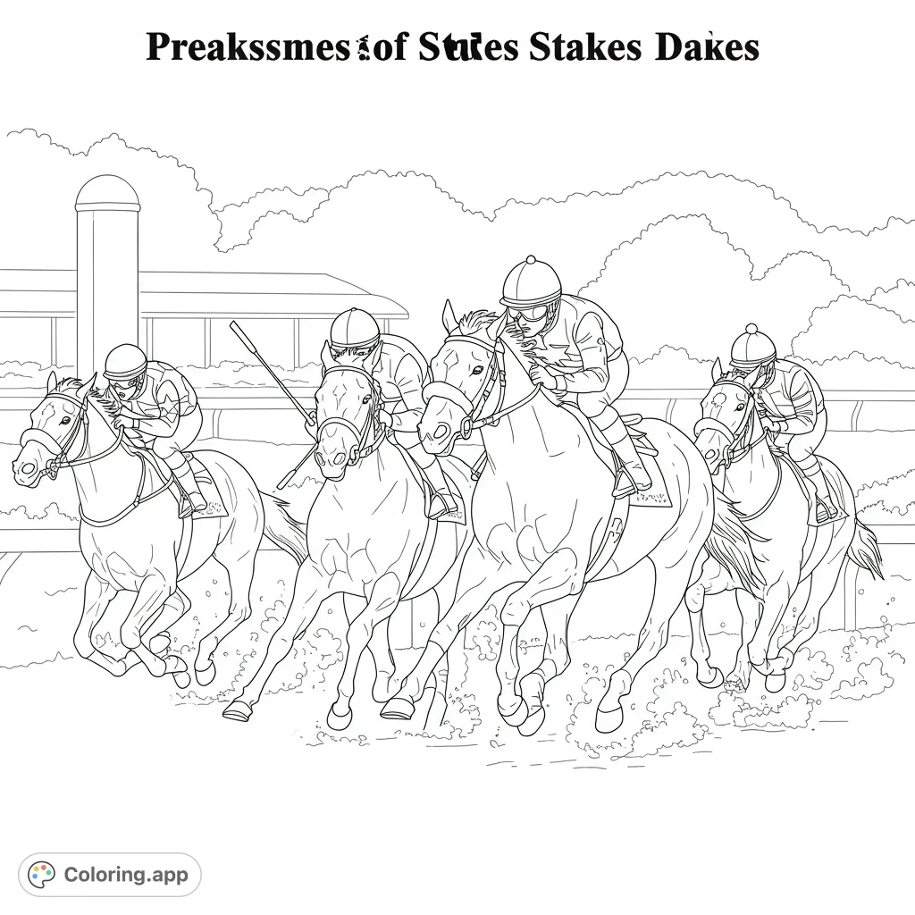 Preakness Stakes coloring page. A detailed black and white line drawing of a horse race, featuring a jockey and racehorses.