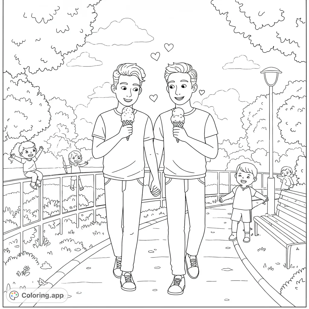 Charming cartoon scene of two loving gay men sharing ice cream in a park. Features clean lines, open spaces, and a playful style perfect for coloring.