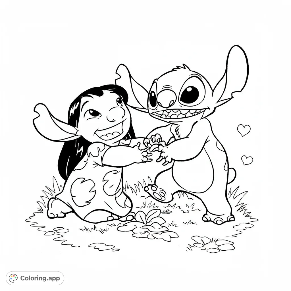 Adorable Lilo and Stitch coloring page! Features the beloved Disney duo in a playful scene with bold, clean lines and open spaces for easy coloring.