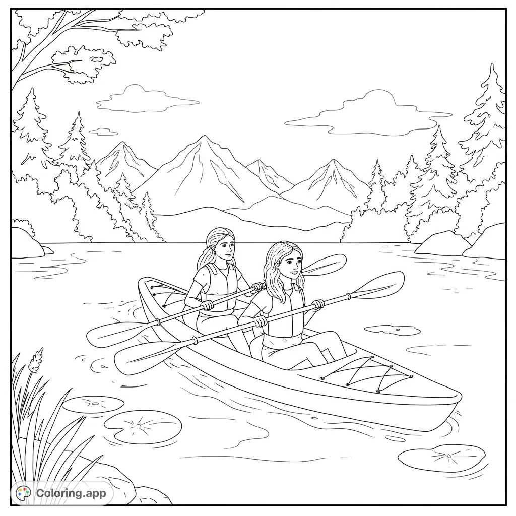Enjoy a peaceful day with this line art of a lesbian couple kayaking on a serene lake. Features clean lines, detailed elements, and open spaces for coloring.