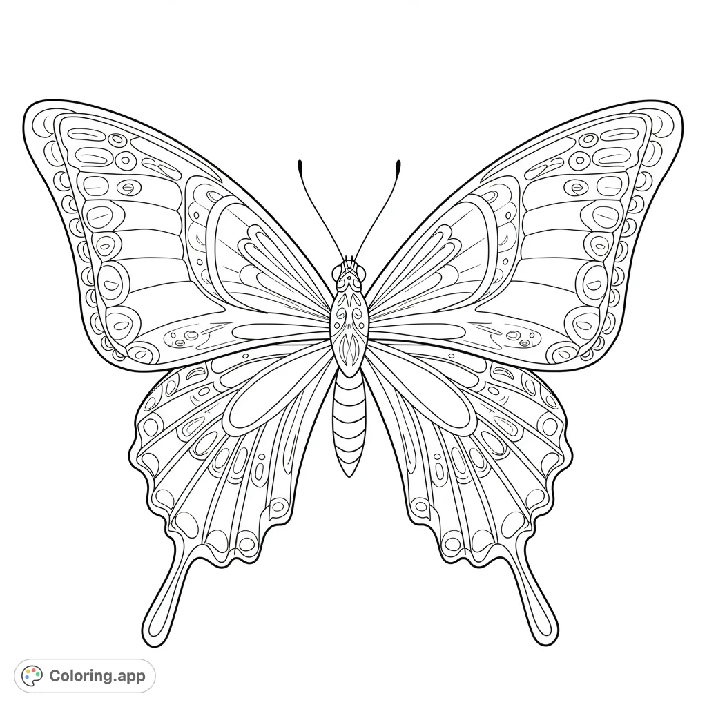 Elegant butterfly coloring page. Features a detailed butterfly with intricate wing patterns and open spaces for easy coloring.