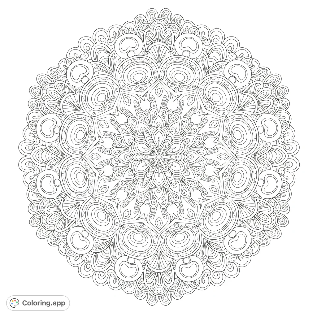 Intricate adult coloring page featuring a detailed, symmetrical mandala design with floral and geometric elements. Perfect for stress relief and creative expression.