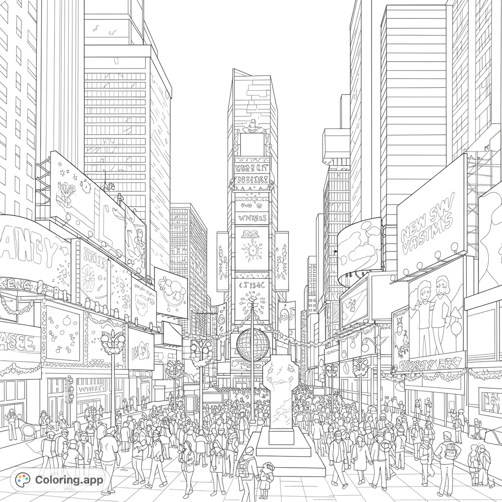 Festive Times Square coloring page! A detailed black and white line drawing of Times Square at Christmas.