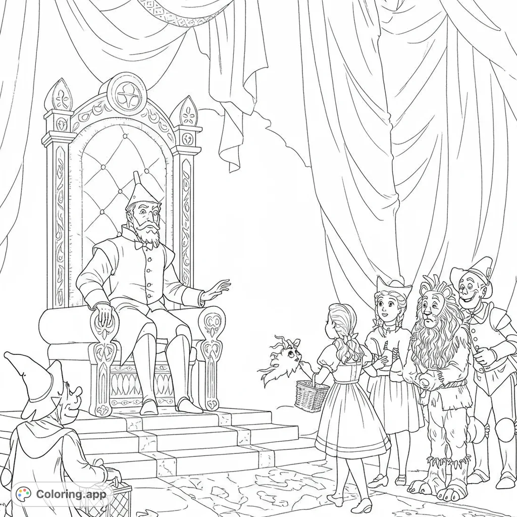 The Wizard of Oz coloring page! Featuring the imposing Wizard in his throne room with Dorothy, Scarecrow, Tin Man, and Lion.