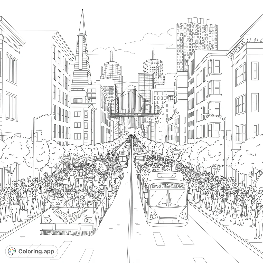 Celebrate Pride! A detailed black and white line drawing of the San Francisco Pride parade at sunset.