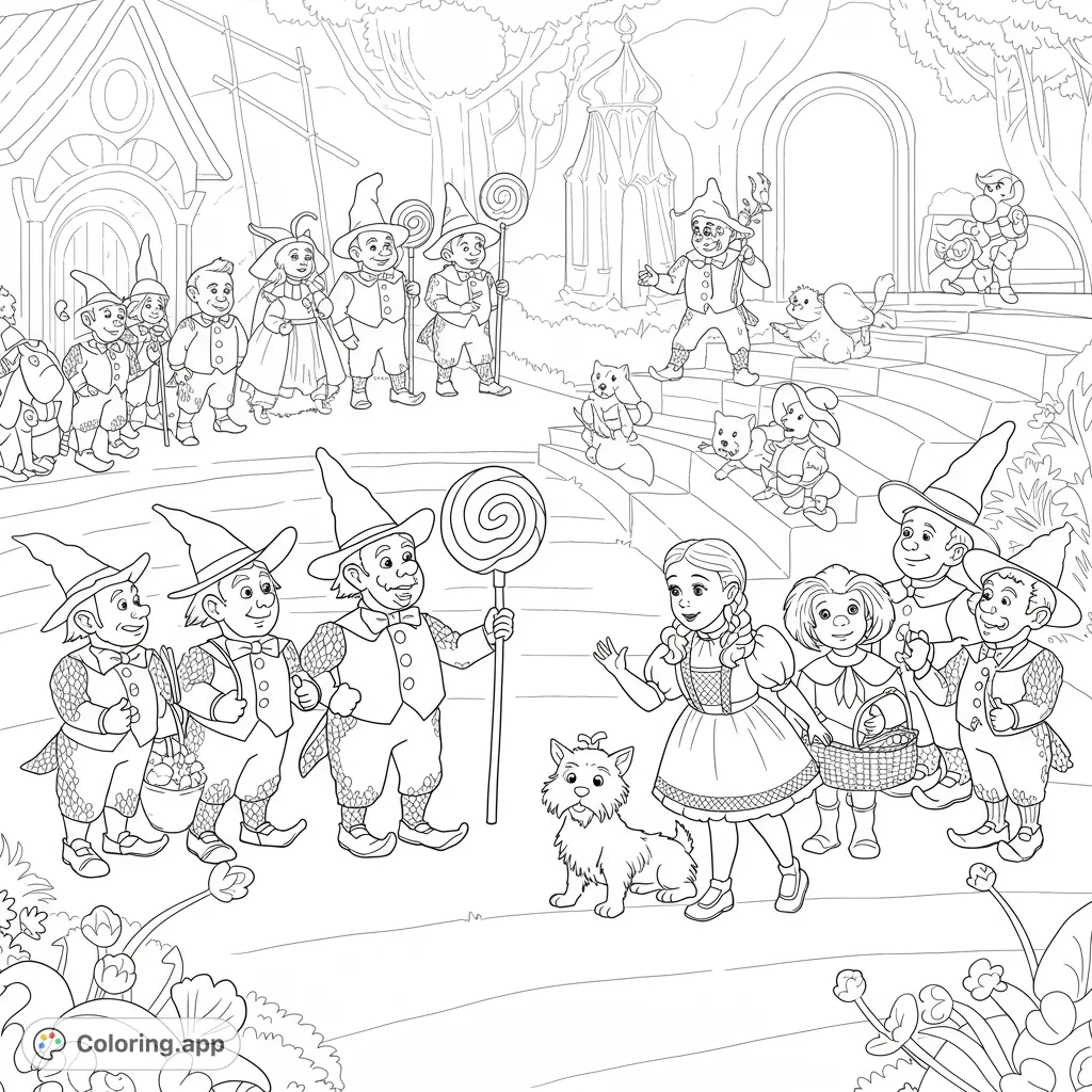 Dorothy and Toto meet the Munchkins! A detailed black and white line drawing featuring the Lollipop Guild and Lullaby League.