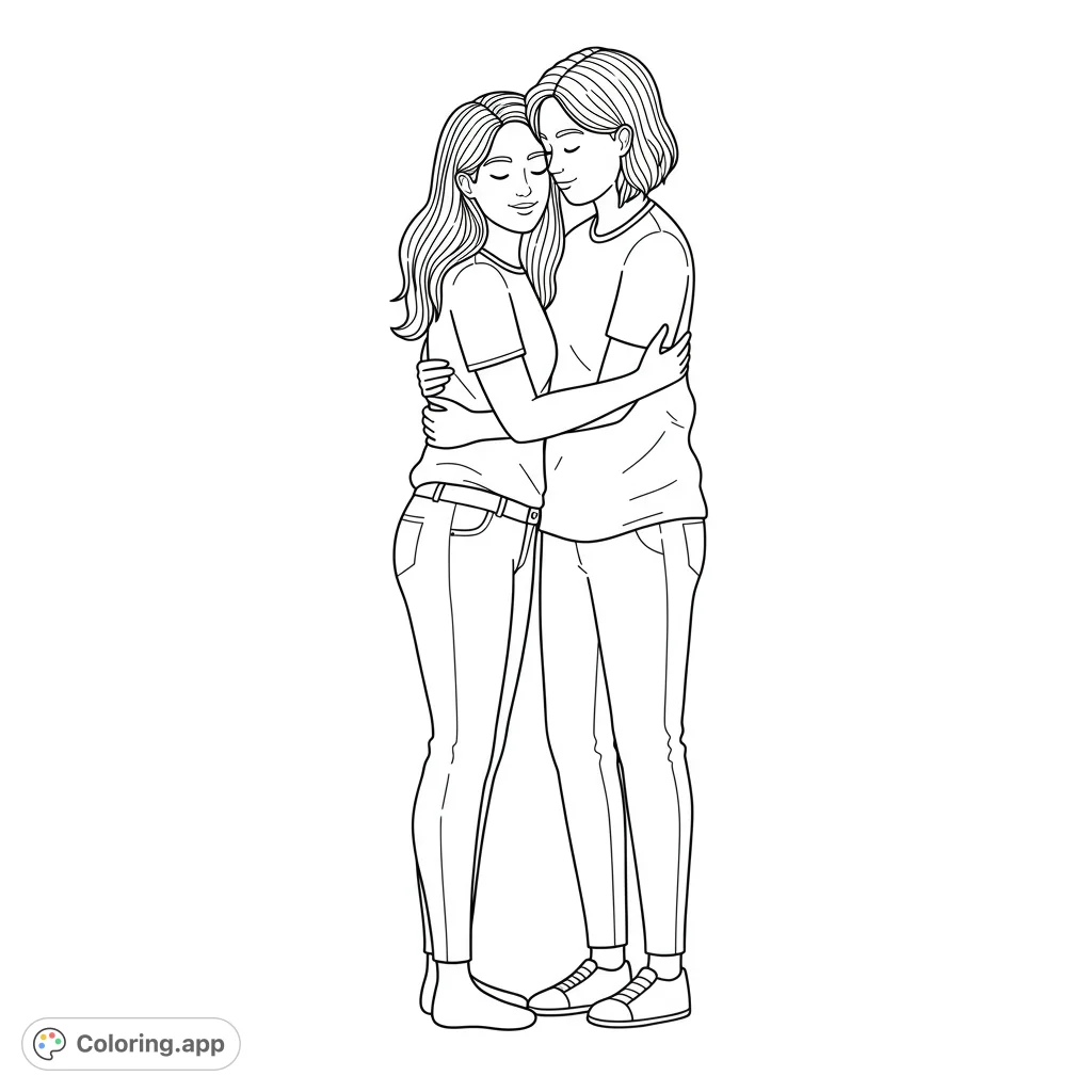 A tender full-body illustration of a lesbian couple embracing. Features clean lines, open spaces, and detailed areas for a delightful coloring experience.