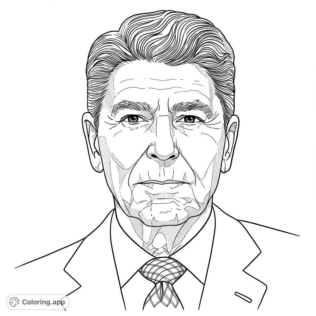 Color Ronald Reagan! A detailed black and white line drawing perfect for coloring.