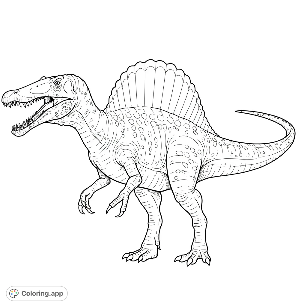 Roaring Spinosaurus coloring page. Detailed black and white illustration with bold lines and open spaces for easy coloring.