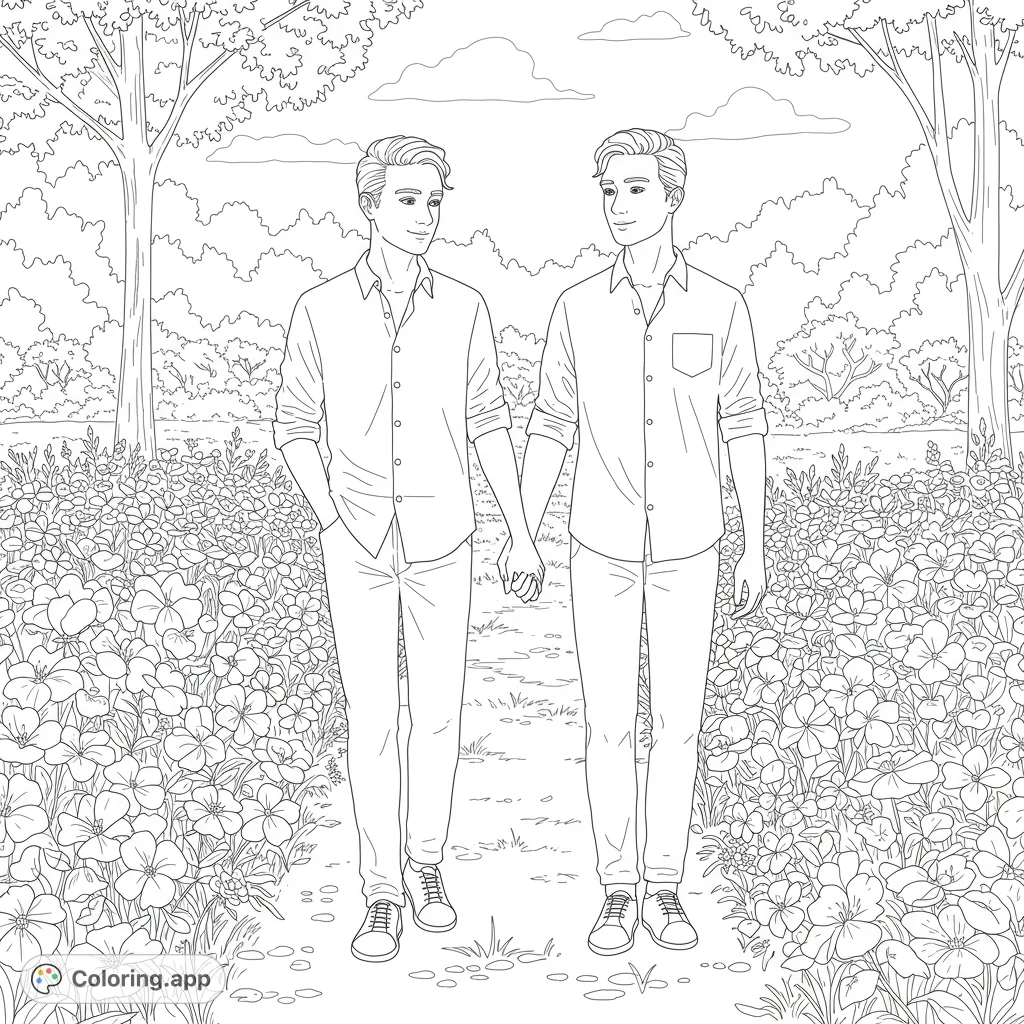 Two men in love stroll through a flower garden, holding hands. A detailed black and white line drawing perfect for coloring.