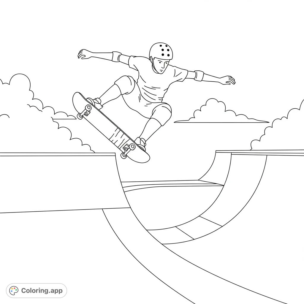 Tony Hawk soars in this rad skateboarding coloring page! Featuring a detailed vert halfpipe with plenty of space for color.