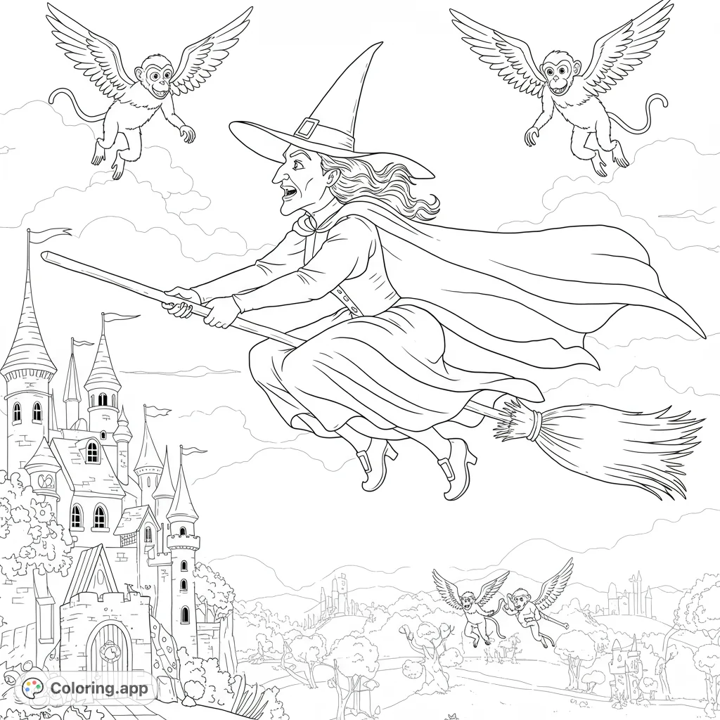 Fly with the Wicked Witch of the West! This detailed coloring page features her on a broomstick over her castle, with winged monkeys.