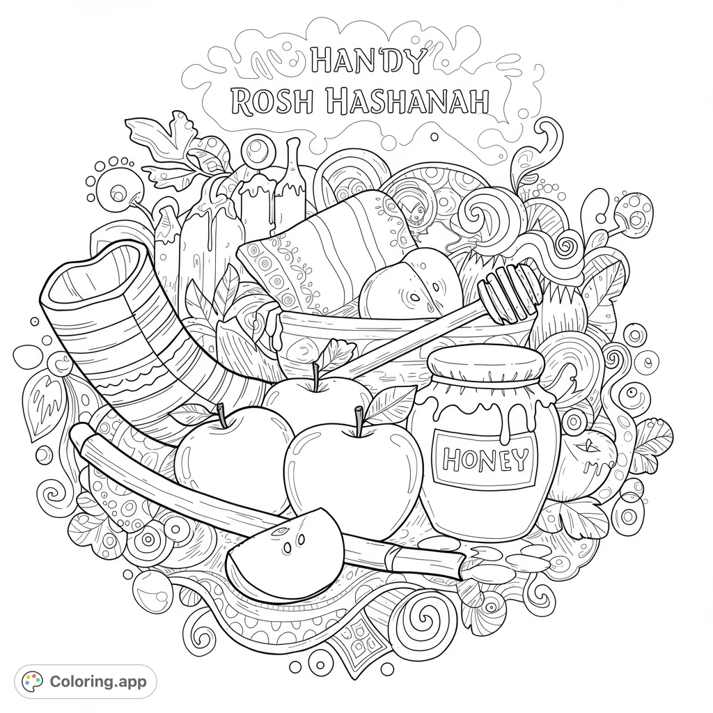 Celebrate Rosh Hashanah with this detailed coloring page! Features a beautiful illustration of a shofar, apples, and honey.
