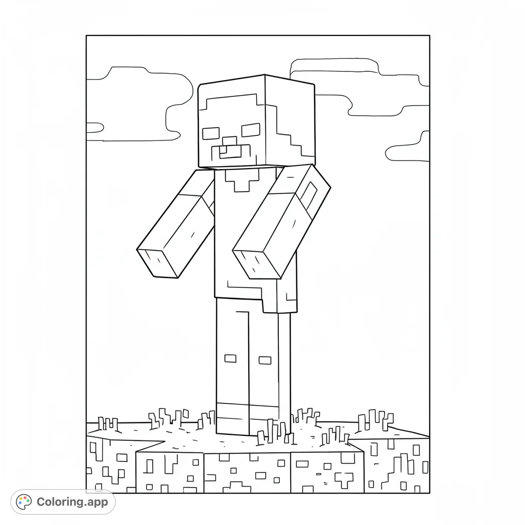 Minecraft Zombie coloring page. A classic blocky zombie stands in a grassy biome, ready for color!