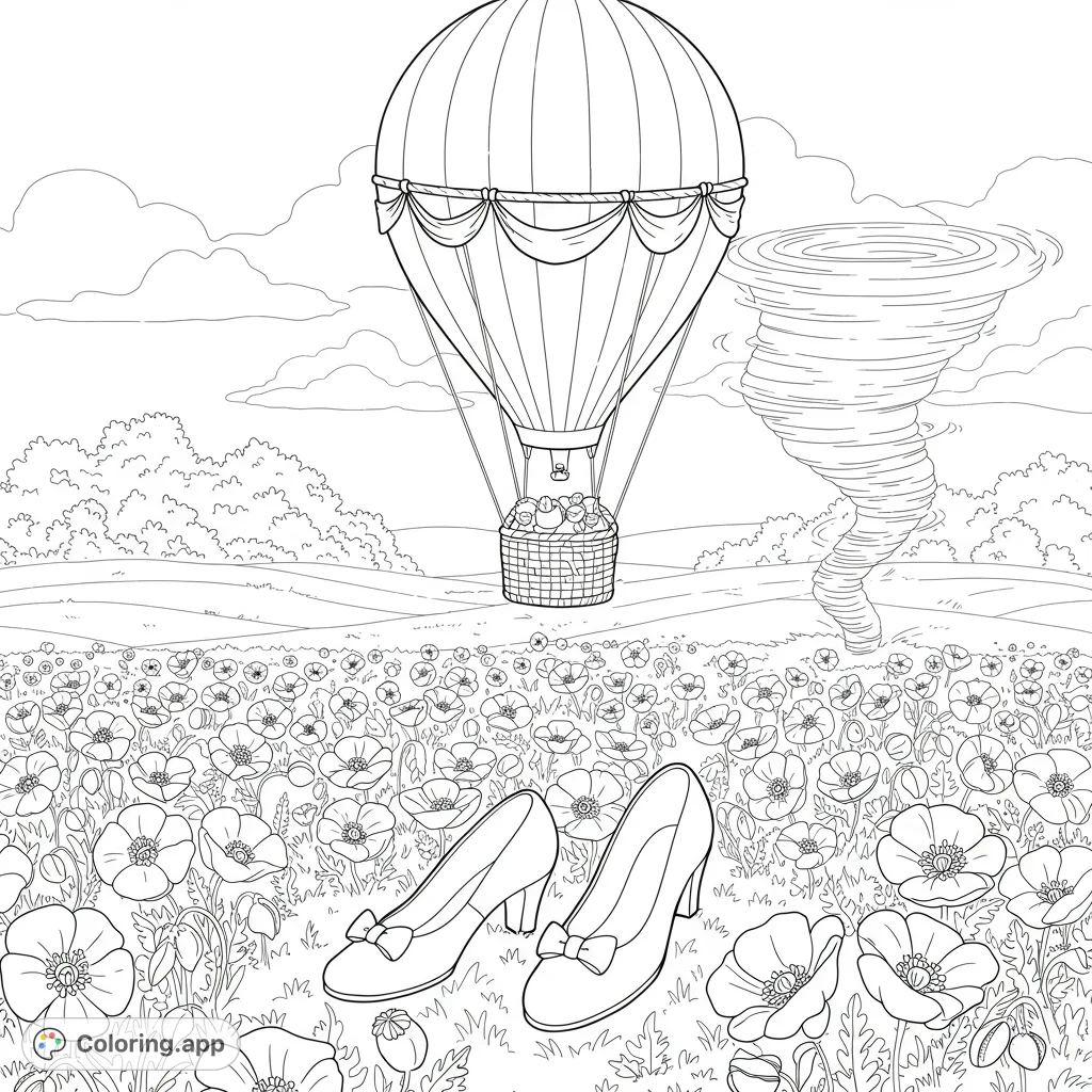 Whimsical coloring page featuring ruby slippers, a hot air balloon, poppy field, and a distant tornado. Perfect for kids and adults.