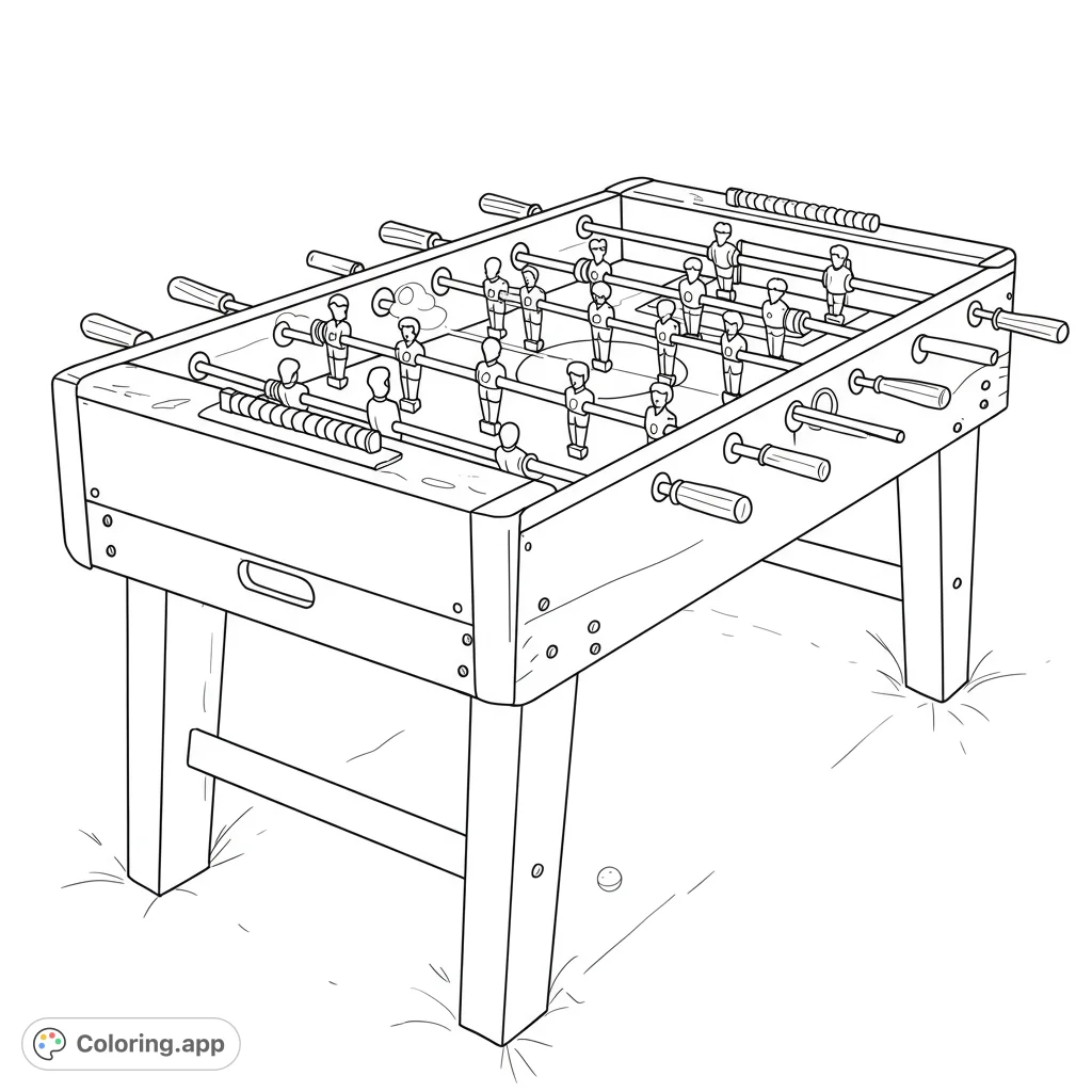 Detailed black and white line drawing of a foosball table, perfect for coloring. Features players, the table, and a ball.