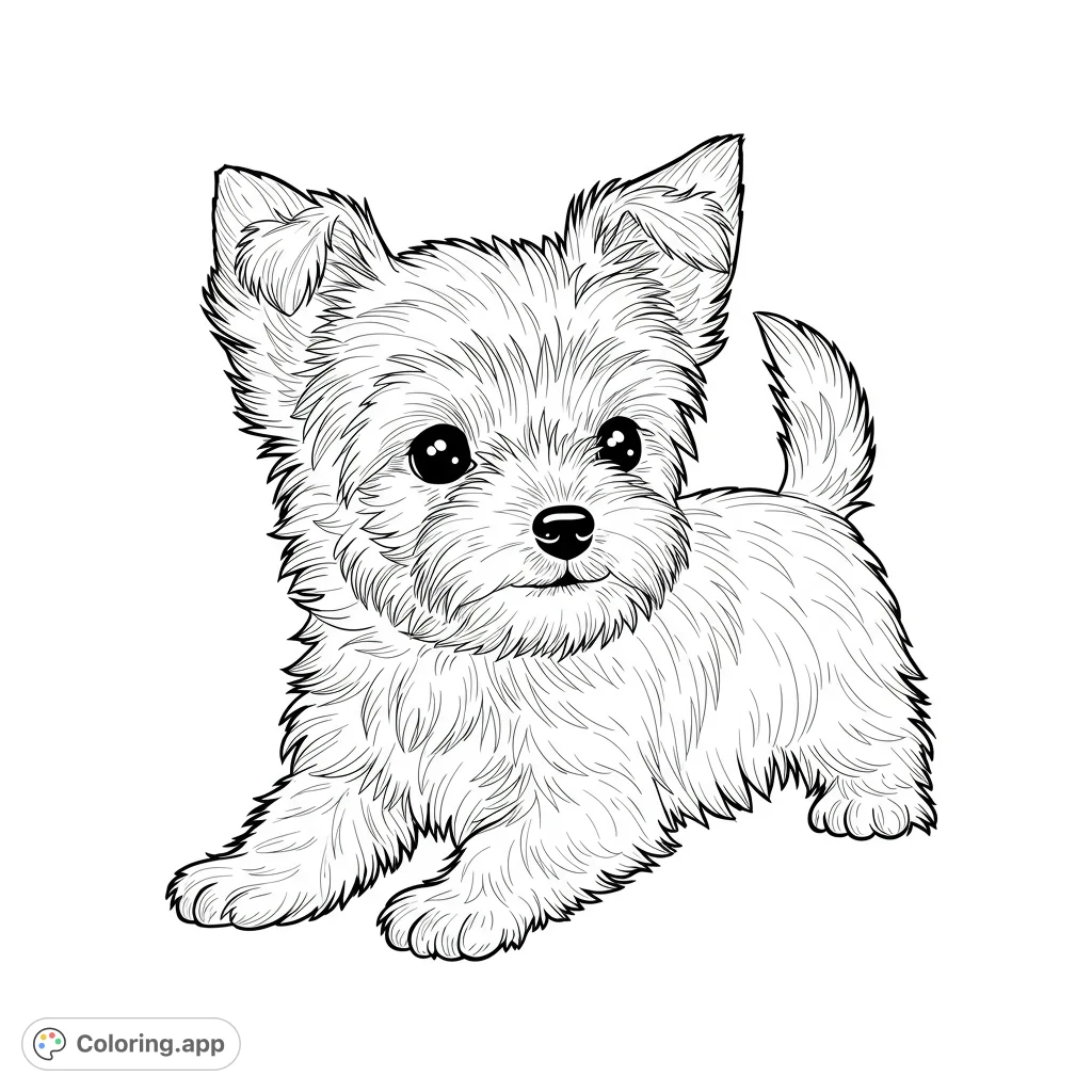 Adorable Yorkshire Terrier coloring page! Features a cute Yorkie with detailed fur, large eyes, and a playful pose.