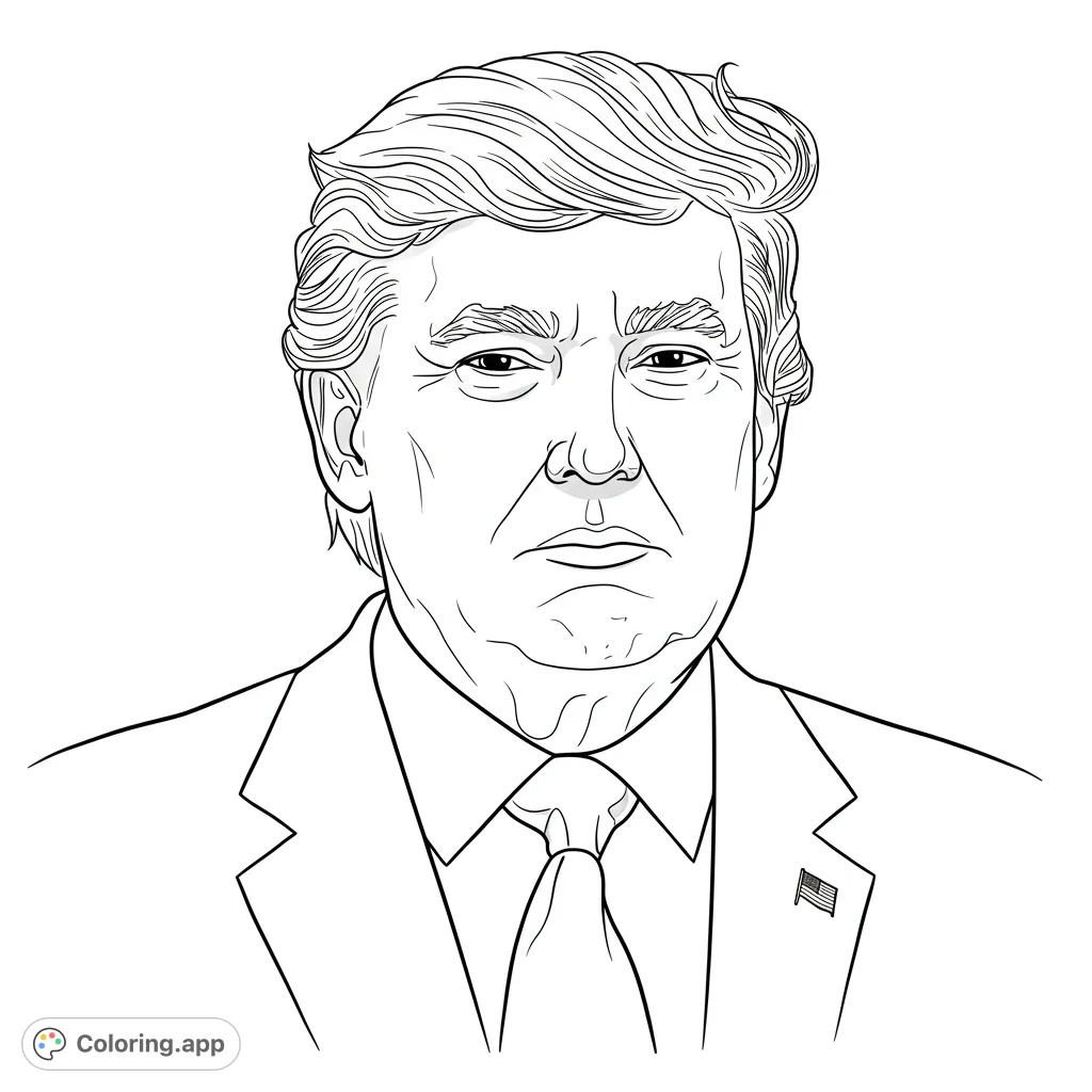 A detailed black and white line drawing of Donald Trump, perfect for coloring. Features bold lines and open spaces for easy coloring.
