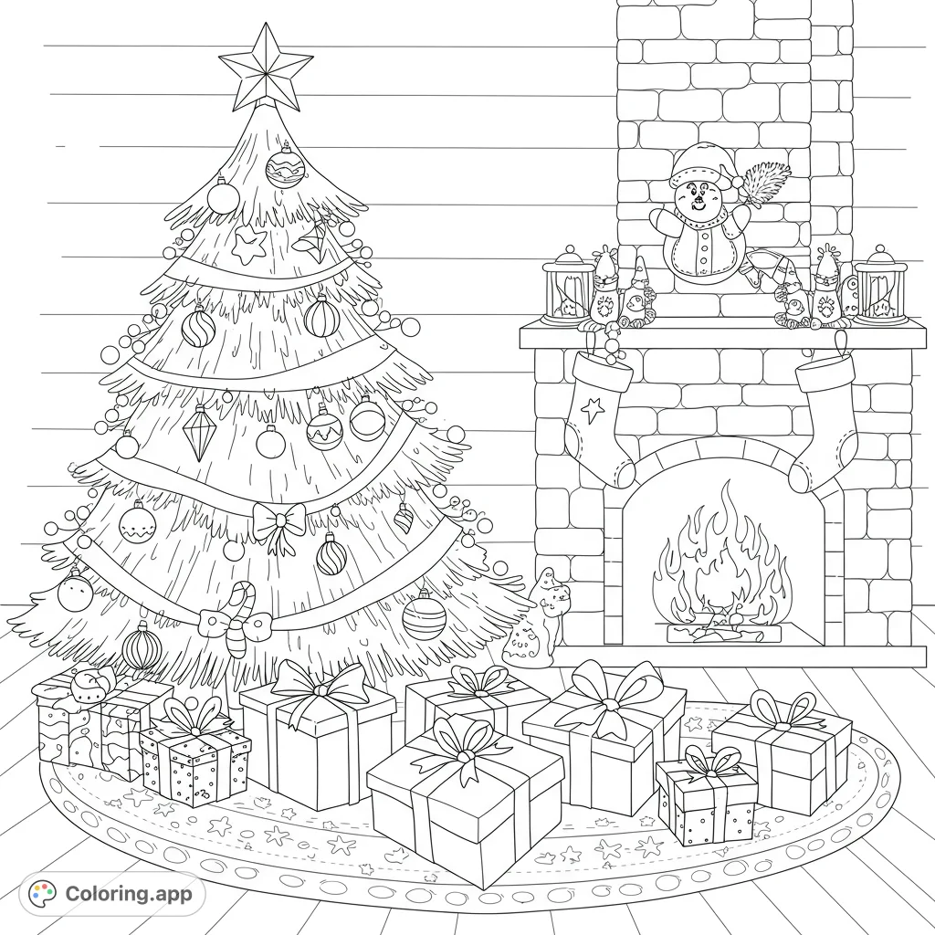 Festive Christmas coloring page! Features a detailed illustration of holiday elements with clean lines and open spaces for easy coloring.