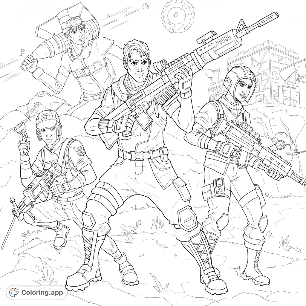 Fortnite coloring page featuring a dynamic action scene with popular characters and weapons. Bold, clean lines and varied details for all ages.