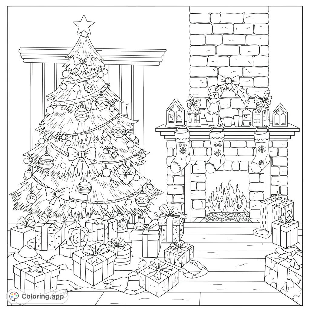 Festive Christmas coloring page! Features a detailed illustration of holiday elements with clean lines and open spaces for easy coloring.