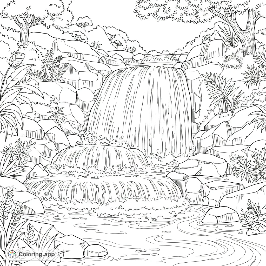 Majestic waterfall coloring page. Features a detailed cascade with rocks and foliage.