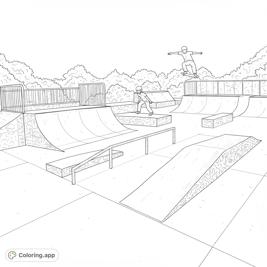 Rad skate park scene! This black and white line drawing features ramps, rails, and skaters.