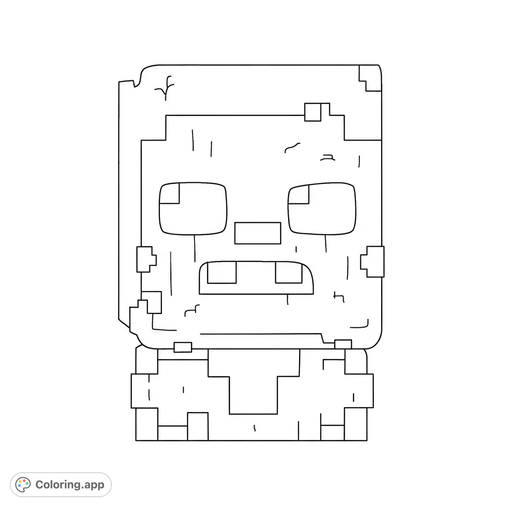 Minecraft zombie face coloring page. Pixelated zombie portrait with blocky features, tattered clothes, and detailed eyes.