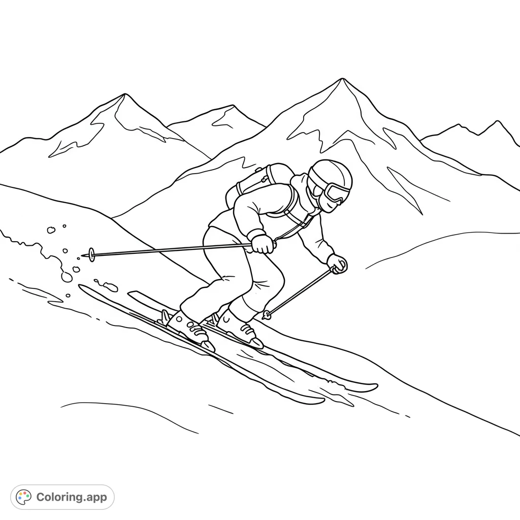 Skiing adventure coloring page! A detailed black and white line drawing of a skier carving down a snowy mountain.