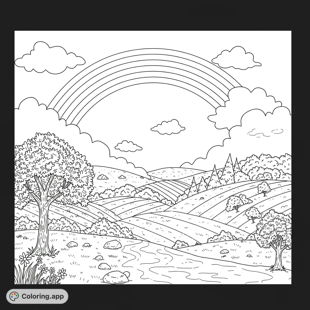 A beautiful black and white coloring page featuring a vibrant rainbow arching over a peaceful valley scene. Perfect for kids and adults to enjoy and color!