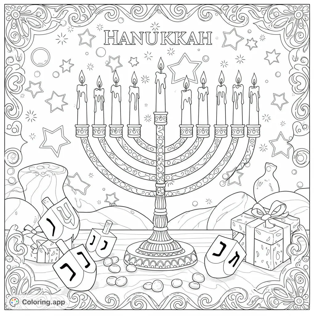 Celebrate Hanukkah with this detailed coloring page! Features a menorah, dreidels, and stars.