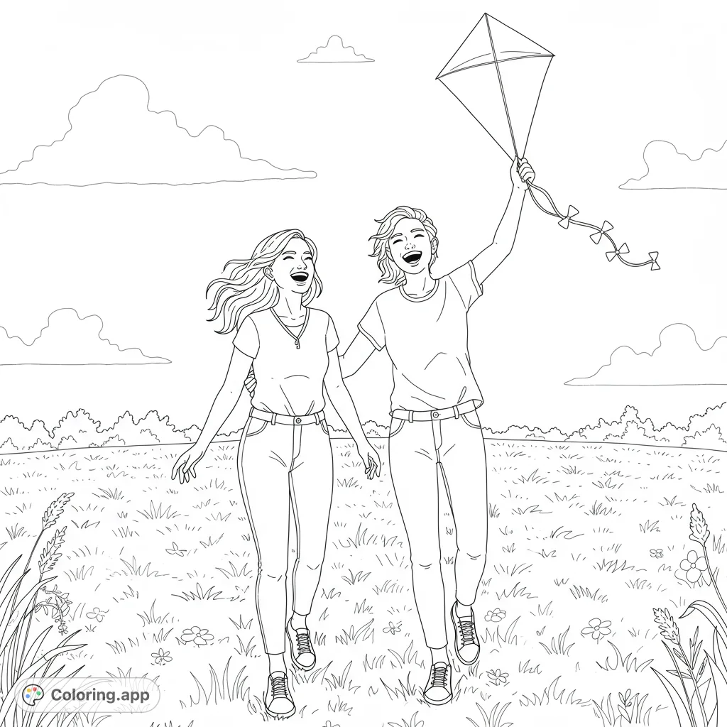 Joyful lesbian couple coloring page. Two women laugh while flying a kite in a field.