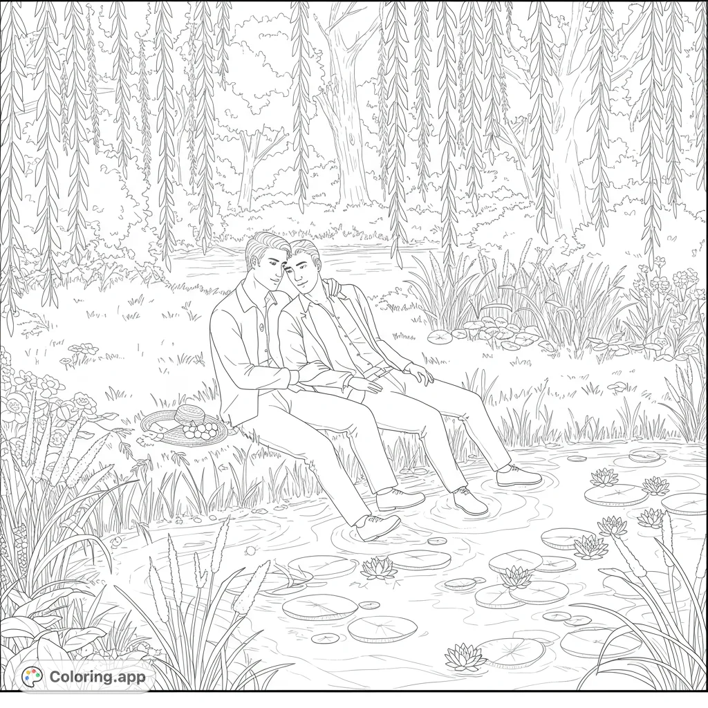 Romantic coloring page of two gay men relaxing by a pond in a park. Features lily pads, weeping willows, and a peaceful scene.