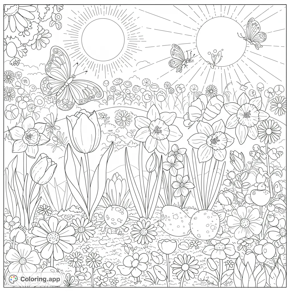 A delightful spring scene coloring page! Features flowers, butterflies, and sunshine.