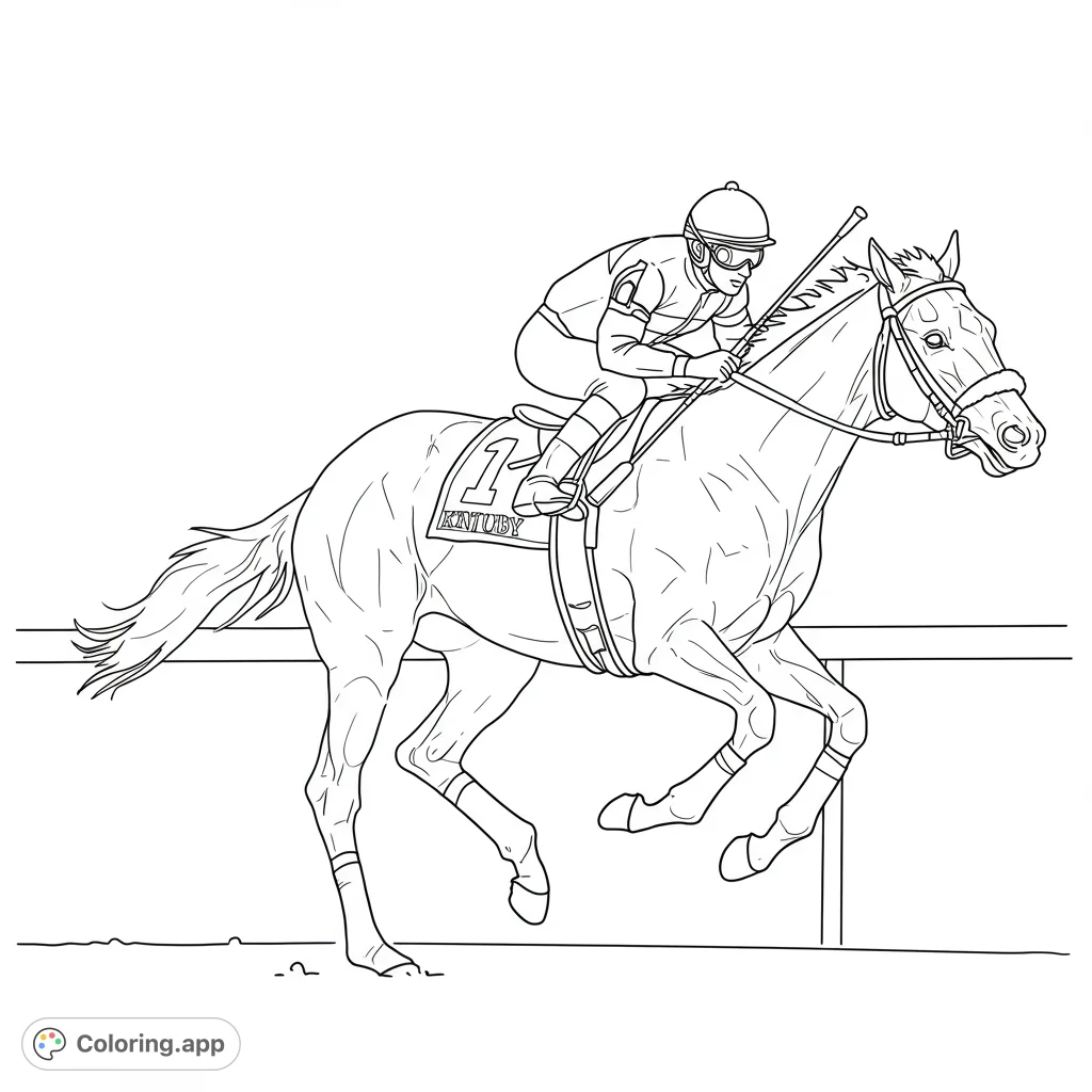 Kentucky Derby coloring page. A detailed black and white line drawing of a racehorse and jockey in action.