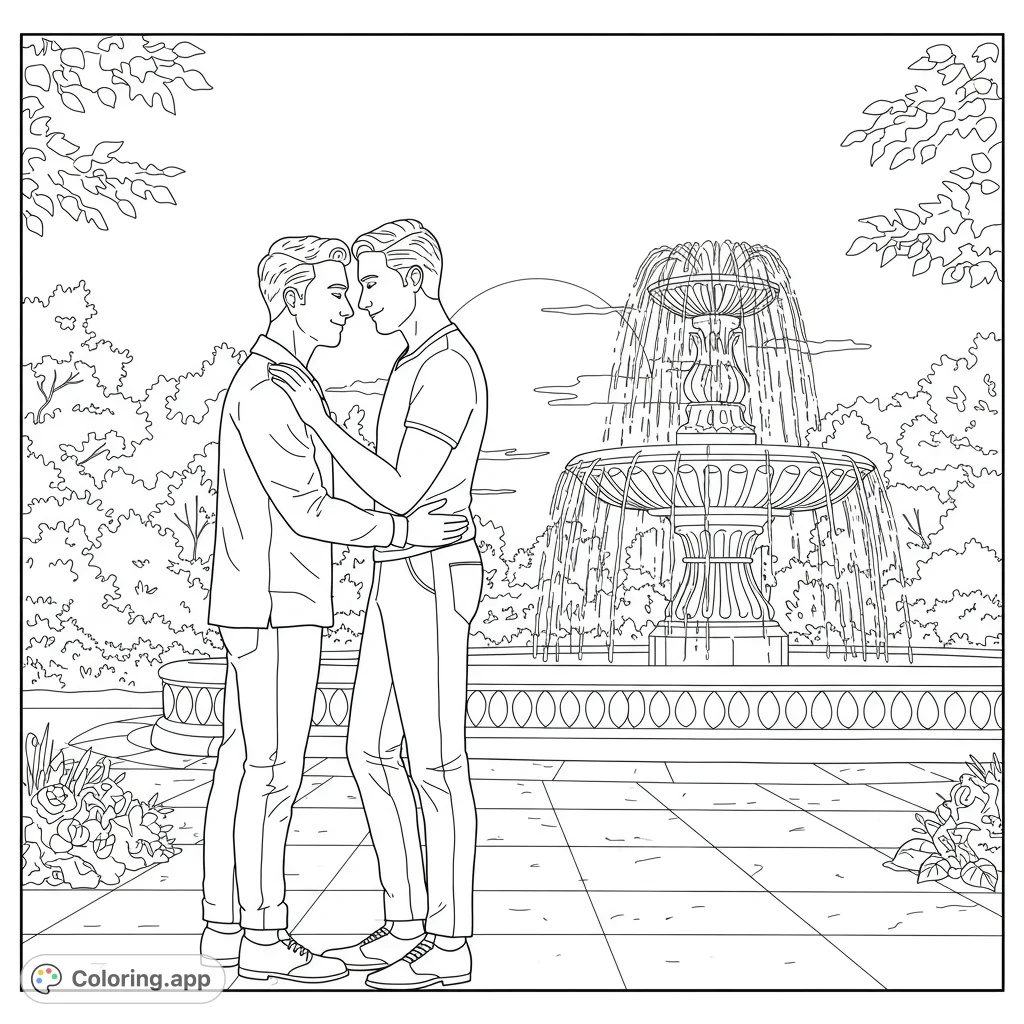 Two men embrace in a park at sunset. A beautiful fountain sprays in the background.